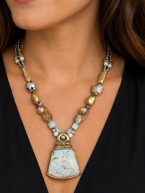 Chico's Egyptian Roman Greek Revival Faux-Marble Pendant Necklace Beaded